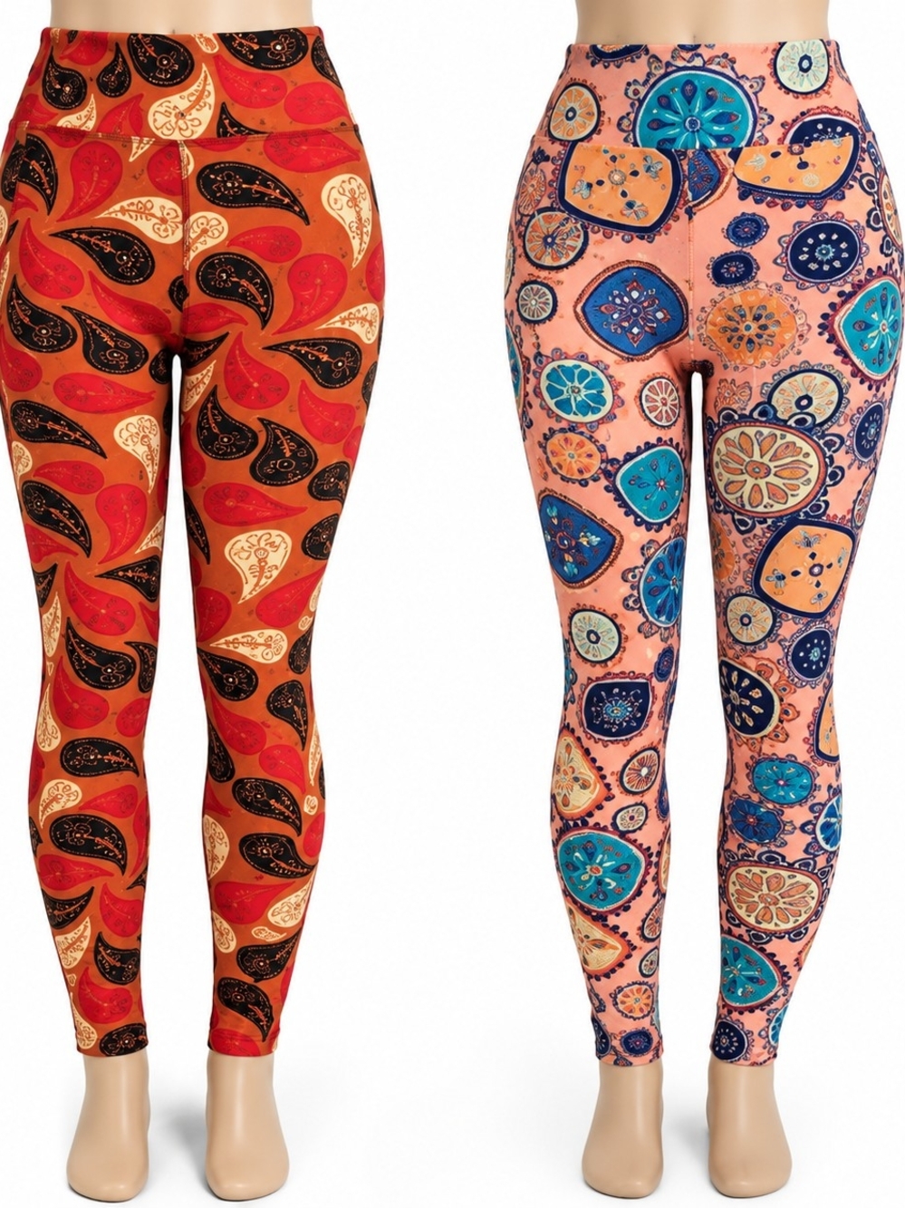 LuLaRoe Paisley & Medallion Leggings in Red, Peach & Blue